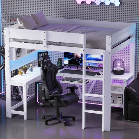 Lit mezzanine gaming 90x200 cm blanc avec bureau, rangements et LED 7 couleurs, lit enfant avec station de charge, garde-corps et sommier inclus
