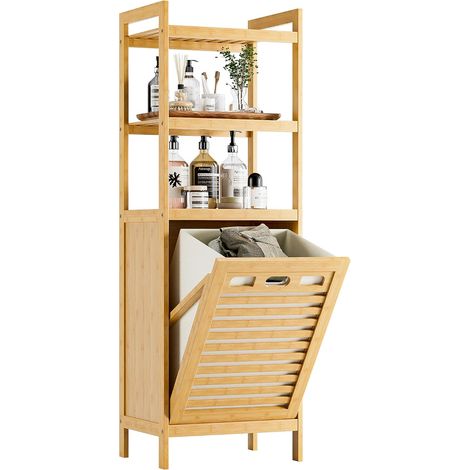 Meuble Salle de Bain avec Panier à Linge, Armoire Bas Salle de Bain en Bambou avec 3 étagères Ouvertes, 40L Sac Intérieur Amovible pour Buanderie, Toilette et Chambre à Coucher, Naturel (1/5)