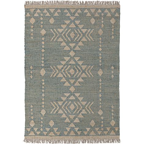 Tapis bleu classique en jute et laine finition brillante - Bleu profond naturel et beige (1/5)