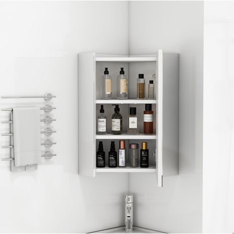 Armadietto specchiera da bagno angolare 38x38x62 cm, 3 specchi, ripiani interni, chiusura ammortizzata, MDF vetro bianco (1/5)