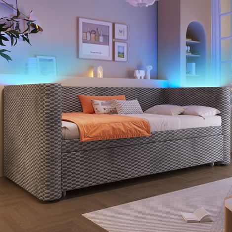 Lit daybed en velours gris 90x200 cm convertible en 180x200 cm avec LED et sommier à lattes (1/5)