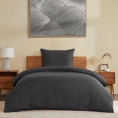 Parure de lit en lin 100 % pur lin français respirant 135 x 200 cm + 1 taie d'oreiller 80 x 80 cm - Housse de couette douce délavée avec fermeture éclair - Gris (1/5)