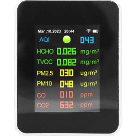 Moniteur de qualité de l'air 9 en 1 avec détecteur d'air WiFi, écran LCD couleur et appareil de mesure multifonctionnel pour l'intérieur. (1/5)