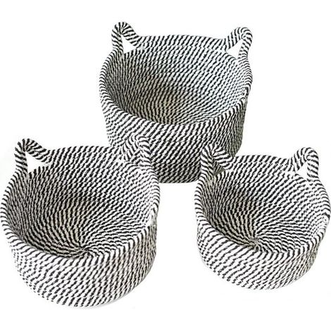 Paniers de rangement en corde de coton – Lot de 3 – Design rond avec oreilles de chat – Pour chambre d'enfant, décoration et rangement – Noir et blanc (1/5)