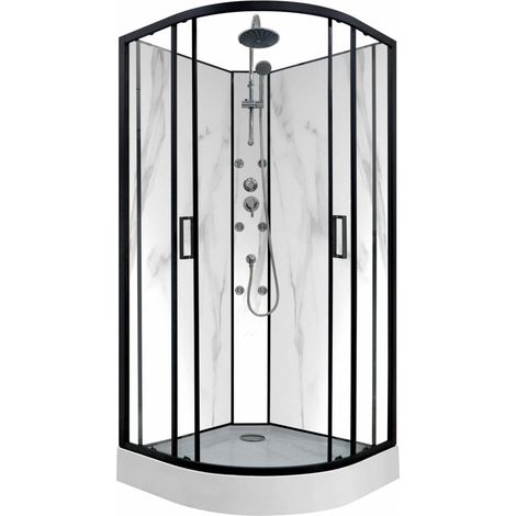 Sanitaire – Cabine de douche 1/4 de rond 90x90 cm – Verre sérigraphié effet marbre – Portes coulissantes en verre securit – Hauteur 222 cm (1/5)
