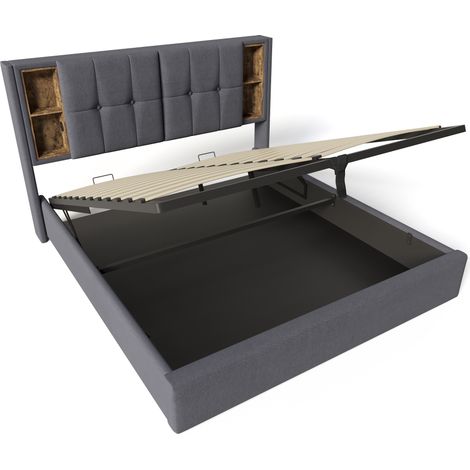 Doppelbett 180x200 cm mit Stauraum, kabellosem Laden, USB-C, grau, Baumwolle (1/5)
