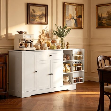 Buffet de cuisine 140 cm avec grand tiroir, 4 portes à fermeture douce, étagères réglables, plateau café micro-ondes, mélamine moderne (1/5)