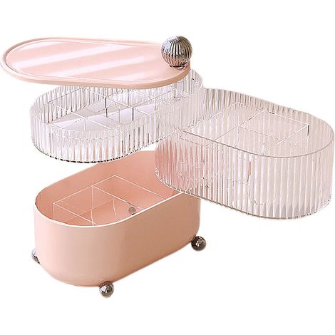 Boîte de Rangement Rotative 3 Niveaux Rose Crème Sphérique Étanche Organisateur Bureau Cosmétiques Bijoux Luxe (1/4)
