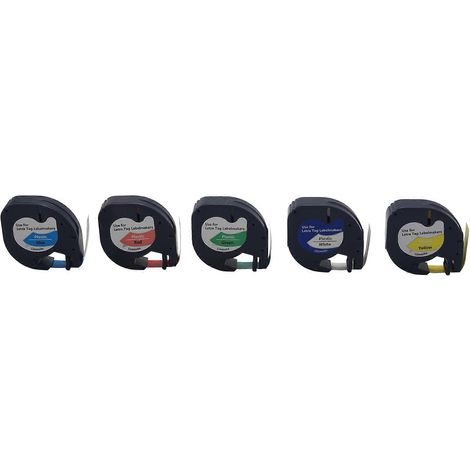Lot de 5 rubans adhésifs en plastique de 12 mm, compatibles avec l'étiqueteuse Dymo LetraTag (référence 91201). Couleurs assorties. (1/4)