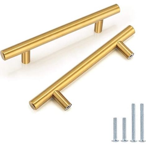 Ecleanfy - 10 poignées de porte de placard en acier inoxydable doré, entraxe de 128 mm, poignée en T pour porte de placard de cuisine [livraison gratuite] [kk] (1/5)