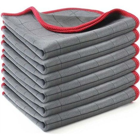 Chiffon Magique Microfibre Carbone, 6 X Serviette Sans Trace à Polir, Lingette Essuie Verre Vitre Lunette Vaisselle Cuisine Menage Voiture, Torchon Nettoyage Réutilisable Lavable, Rouge (1/5)