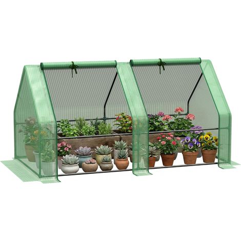 Outsunny Gewächshaus mit Reißverschlussfenster, winterfest Foliengewächshaus aus Stahl, Treibhaus für Balkon, Garten, 180 x 90 x 90 cm, Tomatenhaus für Tomaten, Gemüse, Blumen, Grün