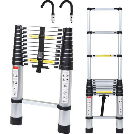 Wolketon Aluminium Teleskopleiter 3,2M Silber, Leiter Ausziehbar mit Abnehmbaren Haken, Klappleiter, Mehrzweckleiter, Stehleiter, Haushaltsleiter, Außenleiter, 150 kg Belastbarkeit