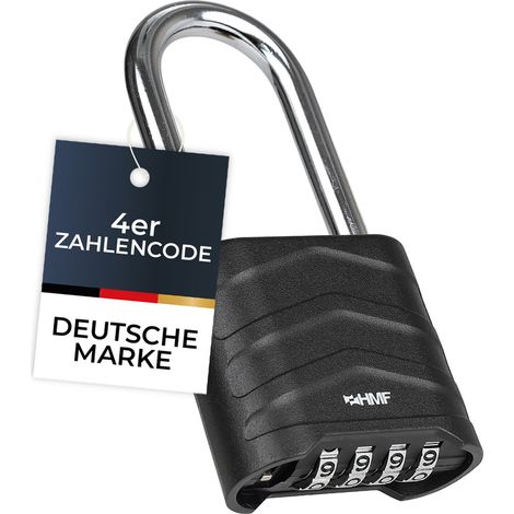 HMF Zahlenschloss Vorhängeschloss mit hohem Bügel, robustes Schloss mit 4-stelligem Zahlencode aus Aluminiumlegierung, 5,6 x 2,6 x 11,7 cm, Schwarz