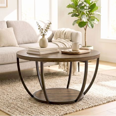 Tavolino rotondo 80 x 80 x 43,8 cm in legno e metallo marrone salvaspazio FloraGrace (1/5)