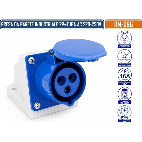 RAIMI RM-096 PRESA INDUSTRIALE DA PARETE 2P+T 16A AC 220-250V IP44 BLU IEC 60309 (1/5)