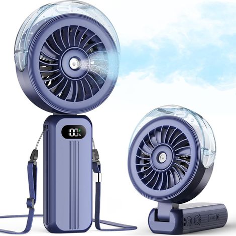 Ventilatore portatile, ricaricabile, con nebulizzatore d'acqua rinfrescante, alimentato a batteria, ideale per viaggi, uso interno ed esterno (Blu scuro) (1/5)