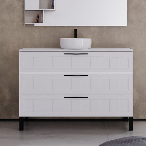 Meuble de salle de bain 120cm avec plateau et vasque à poser ronde - 3 tiroirs - sans miroir - blanc - CALA (1/5)