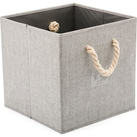 Boîte De Rangement Pliable - Tissu Coton Et Bambou - Poignées En Corde De Coton - Support Pour Étiquette - Gris - 30 X 30 X 30 Cm - 1 Pièce (1/5)