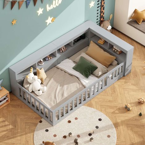 Lit banquette 90x200 cm gris, lit de jour avec sommier à lattes inclus, rangement latéral, prise USB, barrière amovible, sans matelas (1/5)