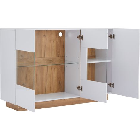 Buffet blanc brillant avec portes en verre et LED HOMVRA 138 x 38 x 90,5 cm (1/5)