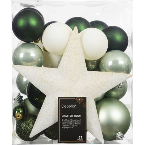 Decoris Weihnachtskugeln mit Christbaumspitze aus Kunststoff bruchsicher Ø 5, 6, 8 cm grün-beige 33 Stück