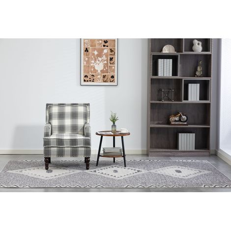 S001, Fauteuil d'appoint capitonné, fauteuil vintage en lin rayé gris et blanc avec garniture cloutée pour le salon (1/4)