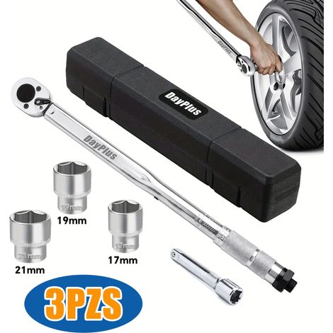 Clé dynamométrique à cliquet 1/2" (28 Nm) - 28-210 Nm, avec rallonge et douilles pour boulons de roue (17-19-21 mm). (1/5)