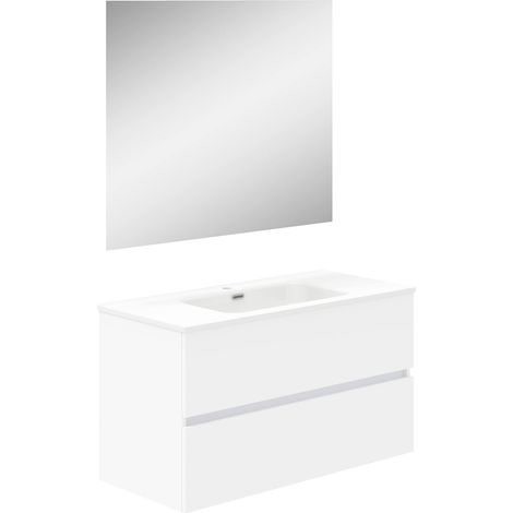 Meuble de Salle de Bain Deux tiroirs, Suspendu au Mur avec lavabo. Mélamine 16. Meuble monté. Meuble de 90 cm Blanc avec Miroir Lune Lisse (1/5)