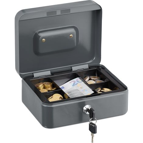 Relaxdays Cassetta con Serratura, Porta Soldi con Inserto Rimovibile, 5 Scomparti, in Ferro, 8,5 x 20 x 17 cm, Grigio