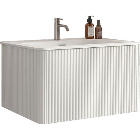 Lavabo de 80 cm de large avec meuble sous-vasque pour salles de bains modernes, vasque en fonte minérale, design rainuré, meuble de salle de bains mural de 80 cm, blanc, pré-assemblé (1/5)
