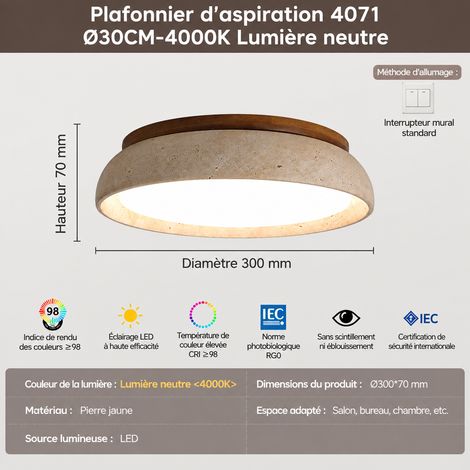 Plafonnier LED en travertin jaune et bois massif wabi-sabi rétro, 30 cm lumière neutre, IRC 80-90, 3 kg – Livraison gratuite