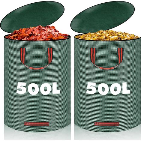 2 x 500L Green Waste Garden Sacks, Garden Bag with Lid and 4 Handles, Durable, Foldable and Reusable Garden Waste Bag for Leaves Waste