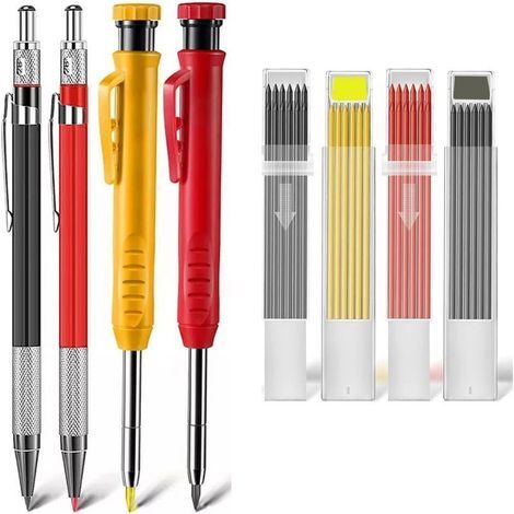 Lot de 4 crayons de charpentier mécaniques – Taille-crayon intégré – 40 recharges pour marquage précis sur bois et papier