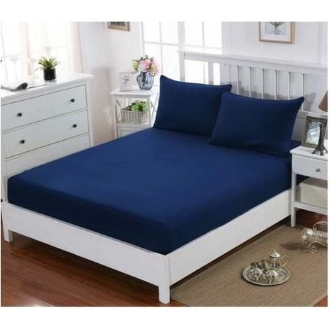 Drap Housse 160x200cm Avec Bonnet 30cm Bleu Marine En Microfibre (1/5)