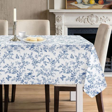 Nappe 152x304cm Bleu Blanc Fleurs Oiseaux Design Rétro Facile d'entretien