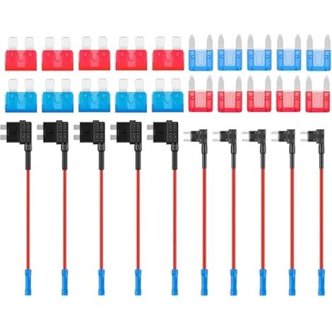10 Pièces Add-a-Circuit Porte-Fusible, Porte-Fusible à Lame de Voiture avec Fil, Mini/Standard Porte Fusible Adaptateur Voiture Set avec Fusible Lame 10A 15A pour Auto (1/5)