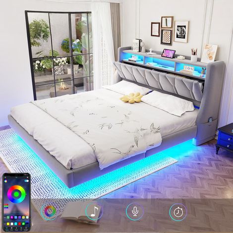 Lit 180x200 avec Rangement, Tête Pliable à LED et Prise , Lit Coffre, lit double avec sommier à lattes, velours beige à monter soi-même, Gris clair (1/5)