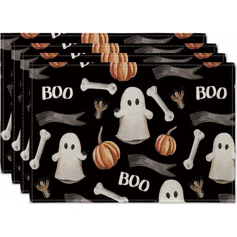 Ensemble de 4 sous-verres noirs avec citrouilles, fantômes et os, 30x45cm, décoration de table aquarelle effrayante pour Halloween. (1/5)