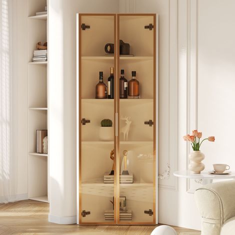 Vetrina angolare 62x35x160 cm con illuminazione LED per ripiano, ante con chiusura ammortizzata, MDF e vetro, bianco
