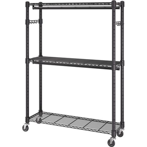 Portant à vêtements roulant réglable avec 3 niveaux de rangement, 2 barres et crochets latéraux, capacité de 181 kg idéal pour votre dressing. (1/5)