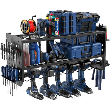 Organisateur mural pour outils - Étagère en acier robuste - Grille ventilée avec supports pour perceuse/marteau/tournevis pour rangement de garage (1/5)