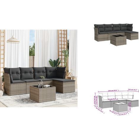 6-tlg. Garten-Sofagarnitur mit Kissen Grau Poly Rattan - Gartenmöbel Set - PE-Rattan Möbel - Outdoor Sofa - Esstisch Garnitur - Lounge Set (1/3)