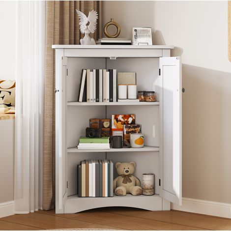 Eck-Badezimmerschrank mit 2 Türen, 61,5 x 34,5 x 80 cm, 3 Ebenen, MDF, weiß lackiert HAVRYA (1/5)