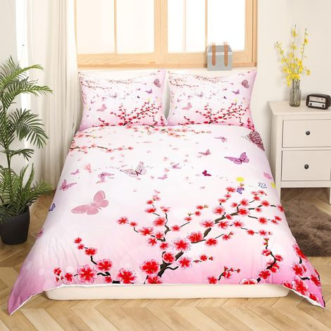 Cherry Blossoms Ensemble de literie 140x200cm fille Papillon Housse de Couette Enfant fille Aquarelle Rose Fleurs Décoration confortable jardin thème Housse de Couette Chambre Série 2 pièces - 140 x 2 (1/5)