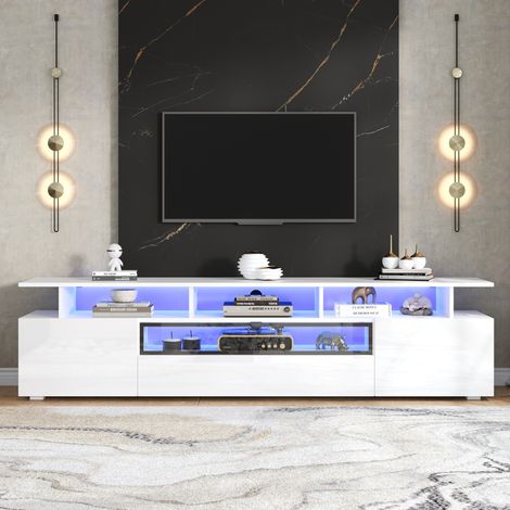 Meuble TV 180x45cm - Design Brillant Blanc - LED par Application - 10 Compartiments de Rangement (2 Placards 1 Tiroir) - Capacité 45kg - Blanc (1/5)