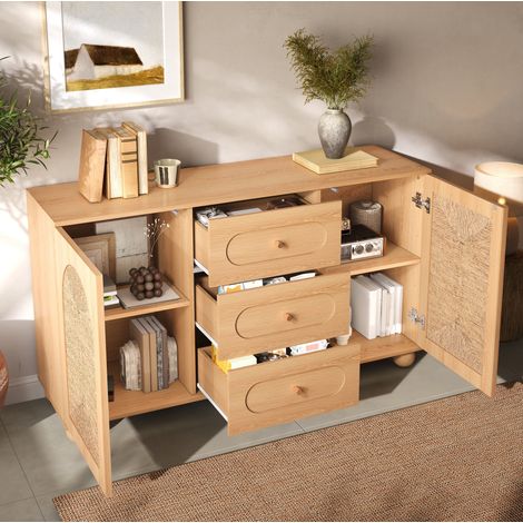 Credenza 140 x 40 x 80 cm con 2 ante in intreccio corda e 3 cassetti, naturale HAVRYA (1/5)
