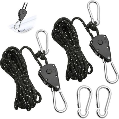 2 Pièces Corde à Cliquet Réglable 4M, Poulie à Cliquet Noir 1/8 avec 2 Replacement Crochets, Tendeur de Corde à Cliquet Réfléchissante pour Lampe Plantes Tente Randonnée (1/5)
