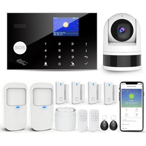 Système D'alarme pour la Sécurité Domestique avec Caméra, Kit Alarme Maison WiFi + GSM avec Alerte APP Téléphone, Capteur Porte/Fenêtre, Télécommande pour la Appartement(13 Pièces) (1/5)