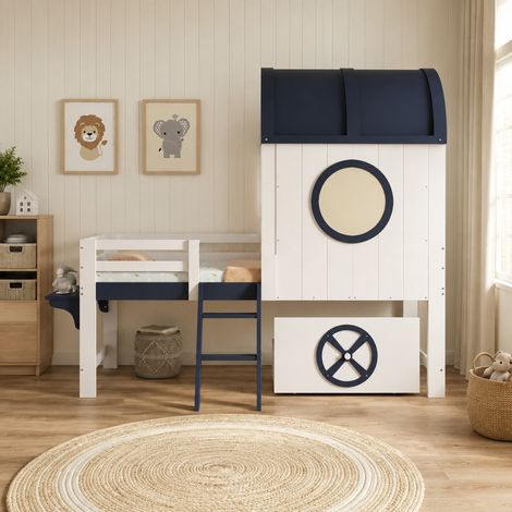Cama semialta infantil 203.5x131.5x200 cm blanca y azul oscuro de pino y MDF con cajón (1/5)